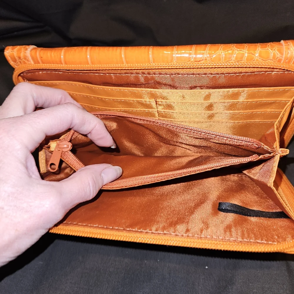 Ladies Orange Crocodile Alligator Design Hand Clutch Wallet Purse